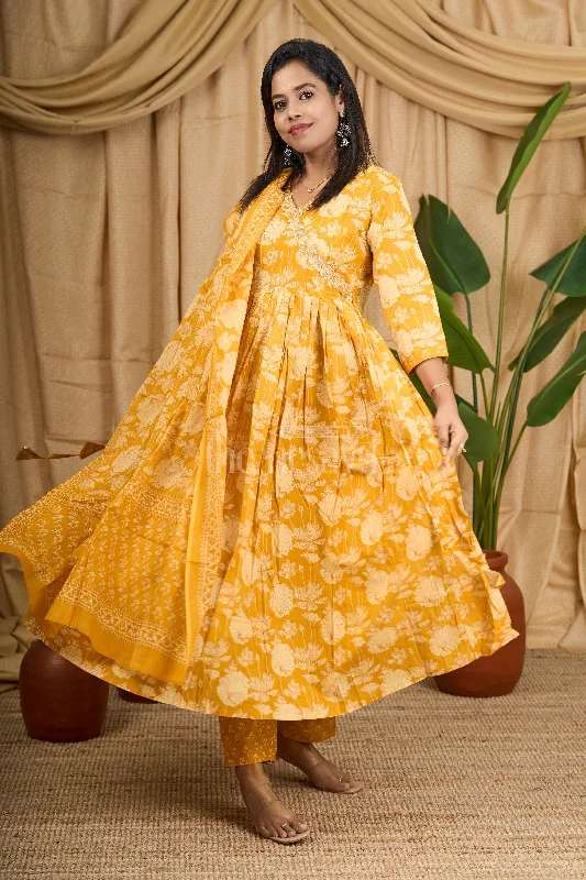 Mustard Yellow Anarkali Suit with Silver Embroidered Neckline