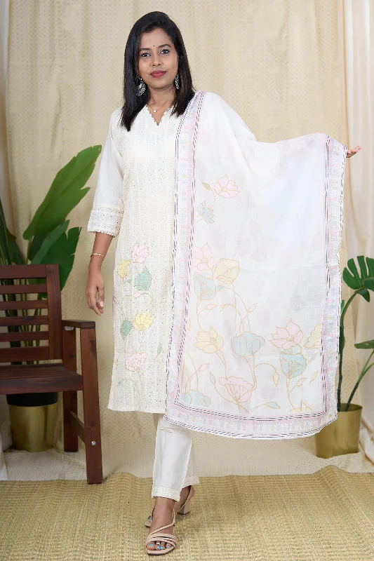 Elegant Chikankari Cotton Kurta Set with Zari Embroidery and Dupatta