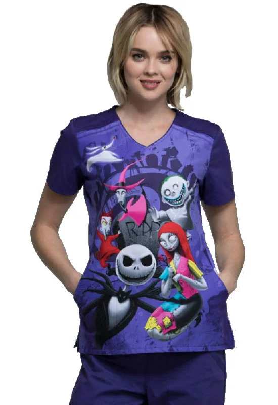 Tooniforms by Cherokee Women's V-Neck Nightmare Before Christmas R.I.P. Print Scrub Top Small