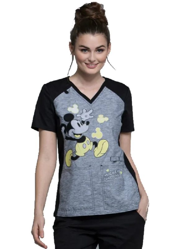 Cherokee Tooniforms Women's V-Neck Knit Panel Mickey Mouse Print Scrub Top X-Small Print