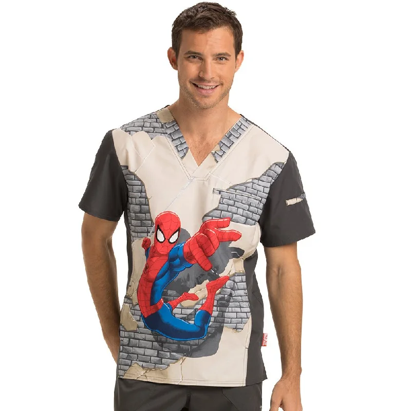 Tooniforms by Cherokee Men's V-Neck Spiderman Print Scrub Top Small Print