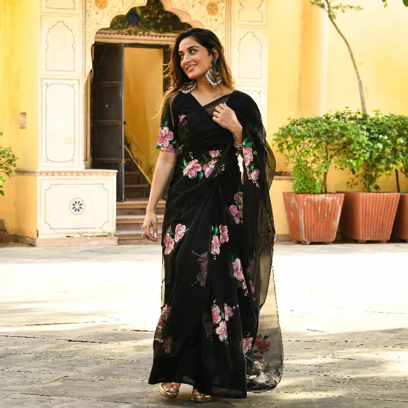 Bunaai Black Organza Handpainted Saree