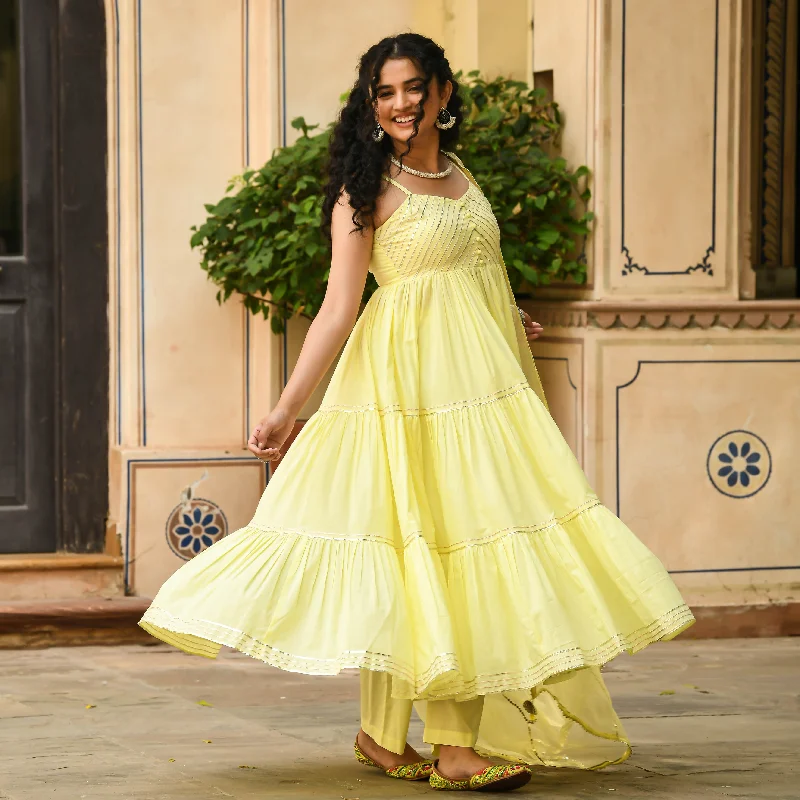 Bunaai Light Yellow Anarkali Kurta with Pant & Dupatta