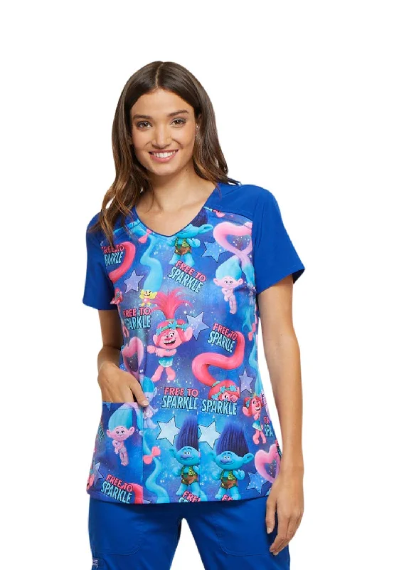 Cherokee Tooniforms Women's V-Neck Trolls Print Scrub Top Large Print