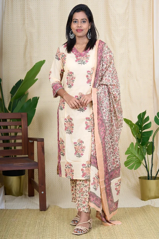 Hand Block Printed Cotton Salwar Suit Set with French Knot Embroidery