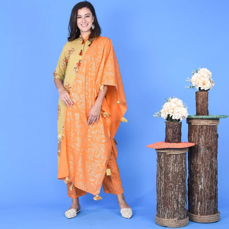 Bunaai Vivid Orange Kurta Set (set of 3)