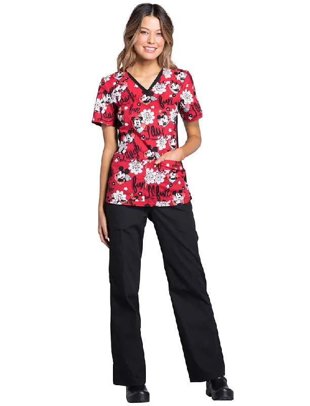 Cherokee Tooniforms Women's V-Neck Knit Panel Mickey Mouse Print Scrub Top Medium Print