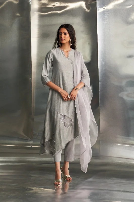 Steel Grey Chanderi Asymmetrical Kurta Set