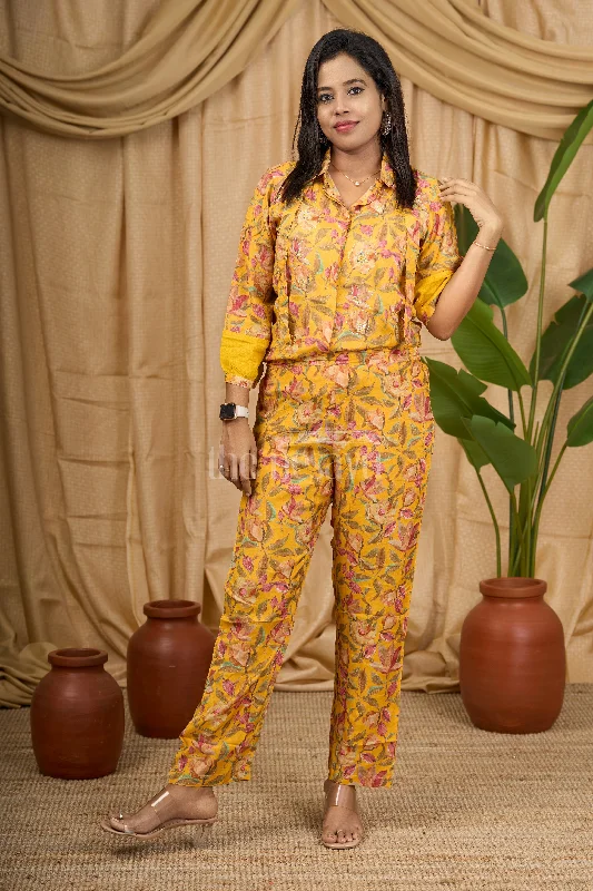 Women's Co-Ord Set in Yellow Muslin Silk with Multicolor Floral Print and Sequin Detailing for Festive Wear