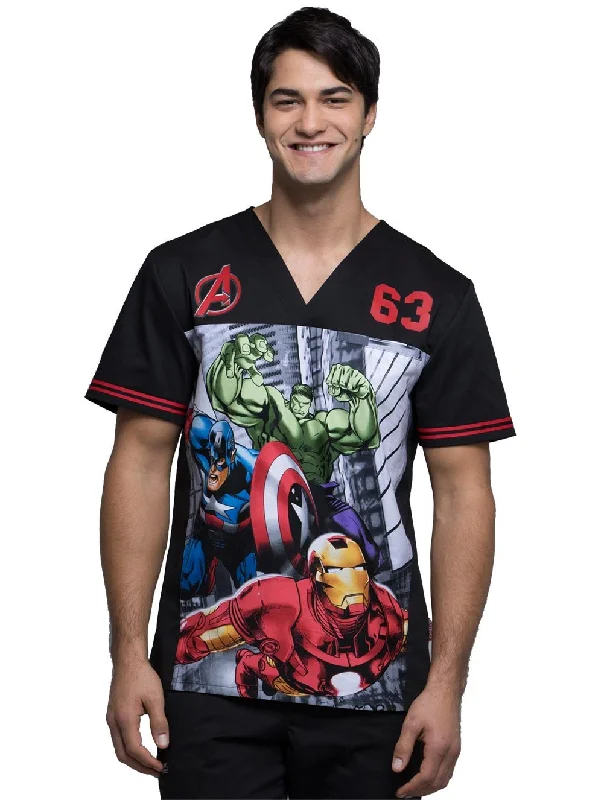 Cherokee Tooniforms Men's V-Neck Avengers Print Scrub Top X-Small Print