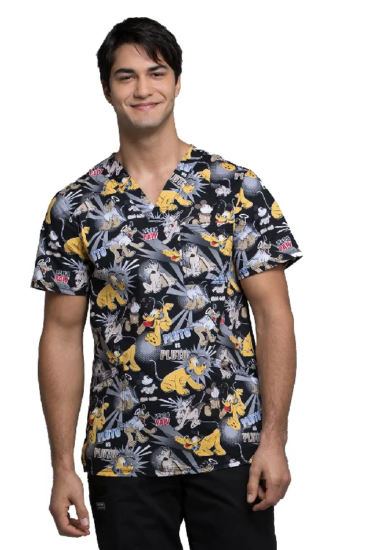 Cherokee Tooniforms Men's V-Neck Pluto Print Scrub Top Small Print