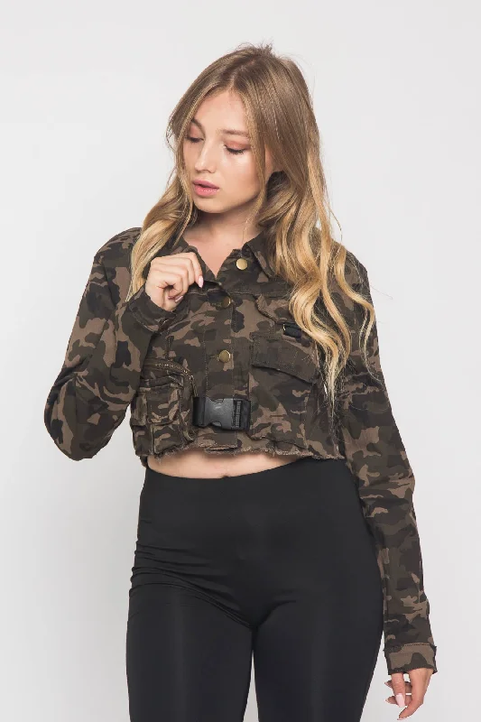 Cropped Military Style Pocket Shirt Jacket