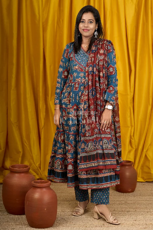 Blue Cotton Anarkali Dress with Temple Motifs and Embroidered Dupatta