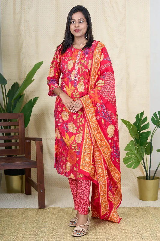 Floral Viscose Silk Salwar Suit Set with Hand Embroidery and Muslin Silk Dupatta