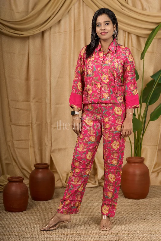 Women's Pure Muslin Silk Co-Ord Set in Pink with Bold Floral Print for Festive Occasions