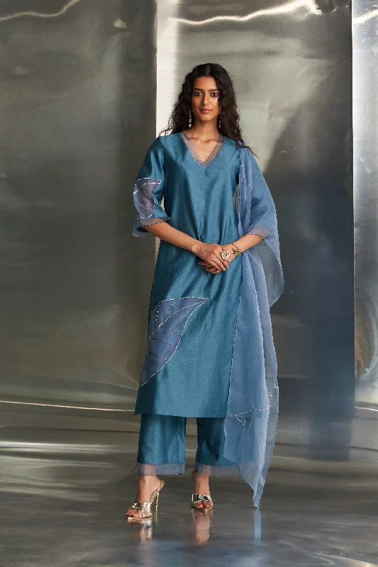 Steel Blue Chanderi Straight Kurta Set