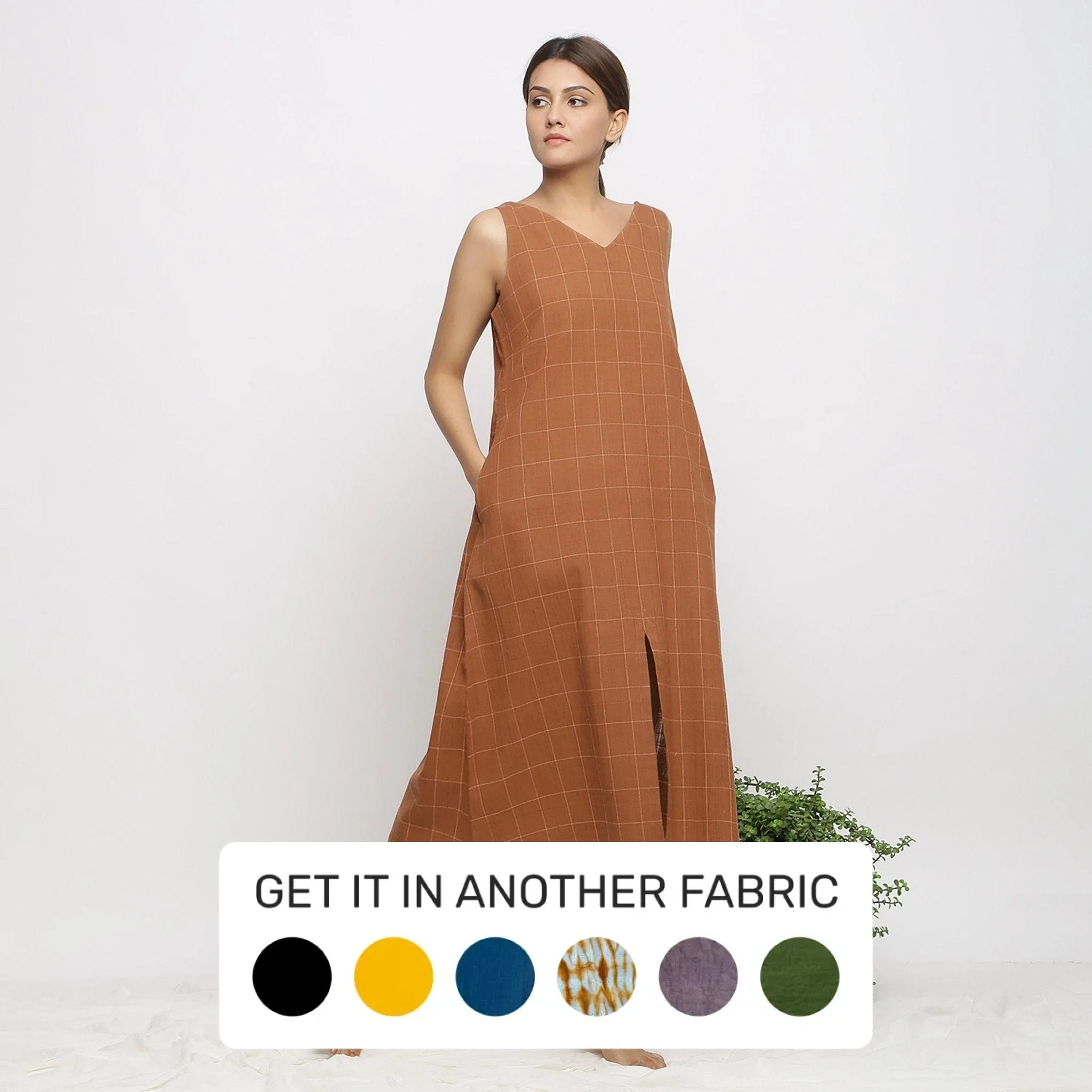 Brown Handspun Cotton Front Slit Midi Dress