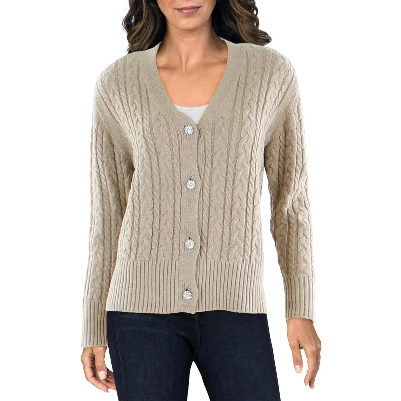 Womens Embellished Cable Knit Cardigan Sweater