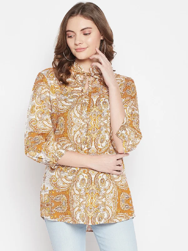 Women's Casual  Mustard Paisley Print Tie neck Tunic