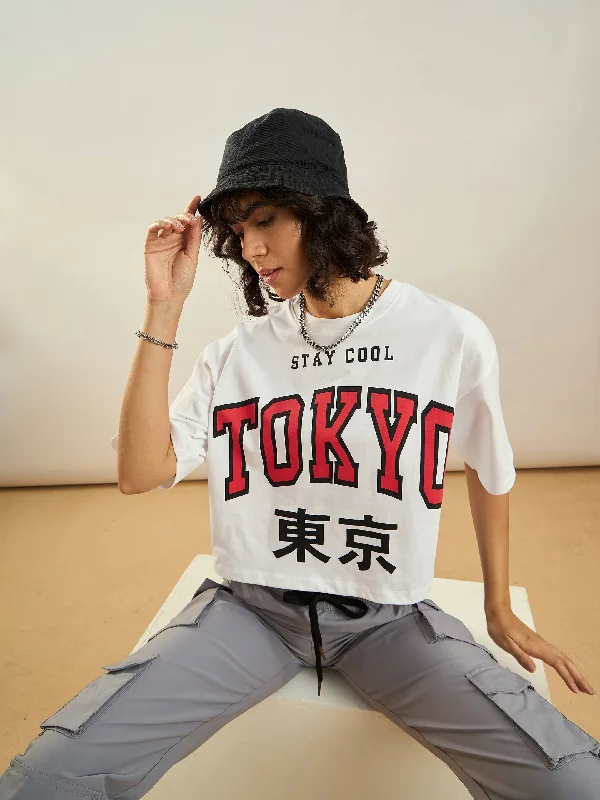 Women White TOKYO Printed Crop T-shirt