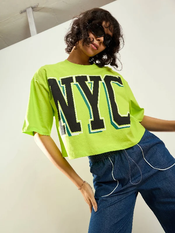 Women Neon Green NYC Printed Crop T-shirt