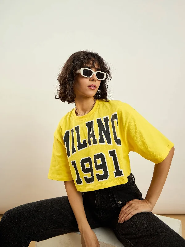 Women Yellow MILANO 1991 Printed Crop T-shirt