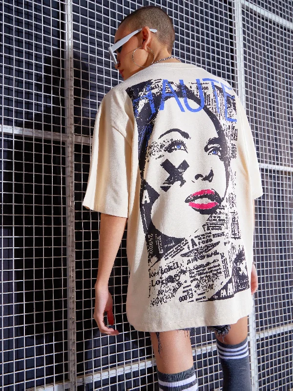 Women Beige HAUTE Printed Oversized T-Shirt