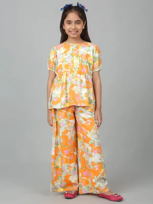 Girl's Orange Printed Co-Ord Set