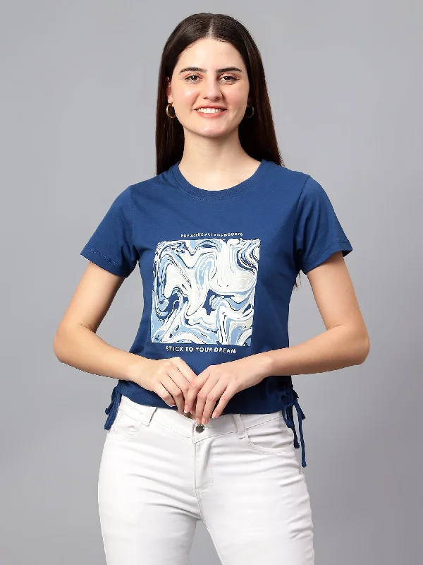 Women's Casual Regular Short Sleeve Blue Round neck Graphic Print T-Shirt