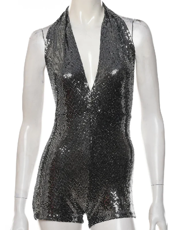 Backless Black & Silver Shiny Playsuit - S