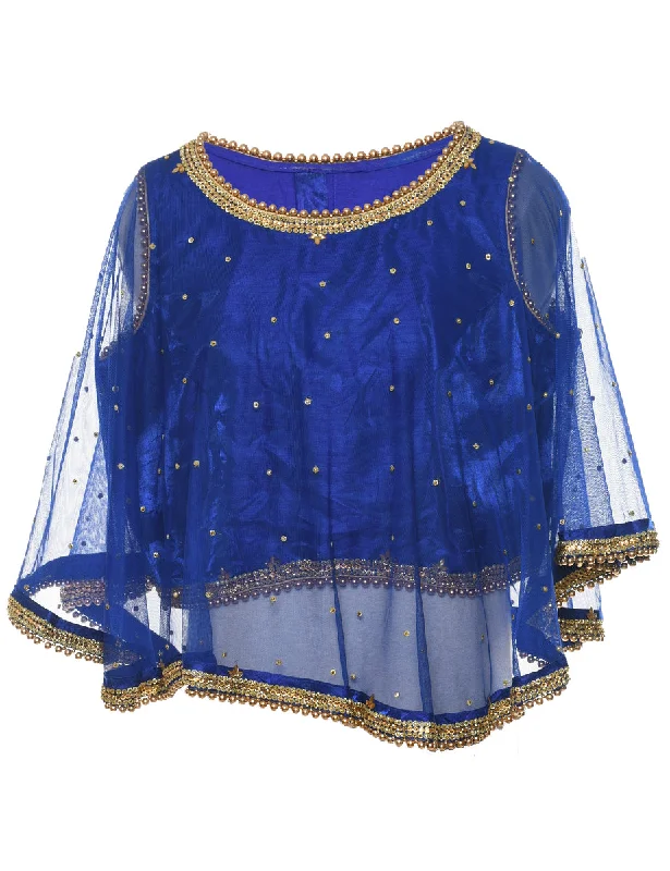 Blue & Gold Sparkly Sheer Evening Top - L