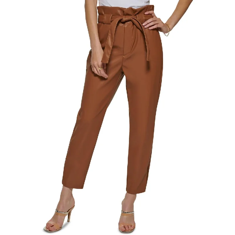 DKNY Womens Petites Faux Leather High Waist Trouser Pants