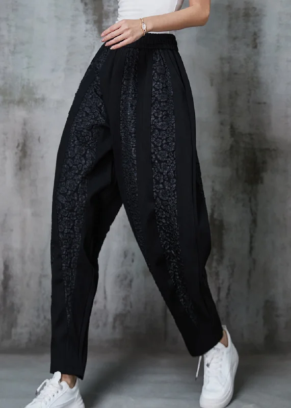 Elegant Black Oversized Patchwork Jacquard Cotton Pants Spring