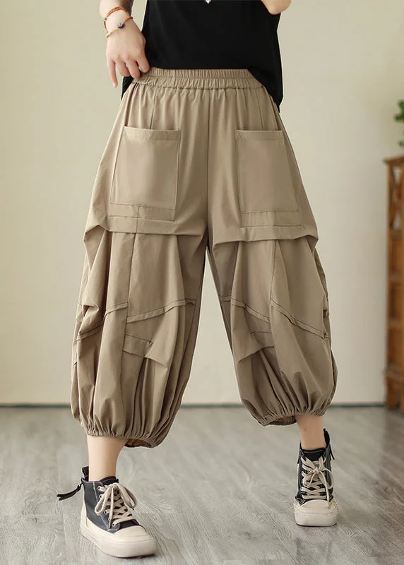 Loose Khaki Pockets Elastic Waist Cotton Lantern Pants Summer