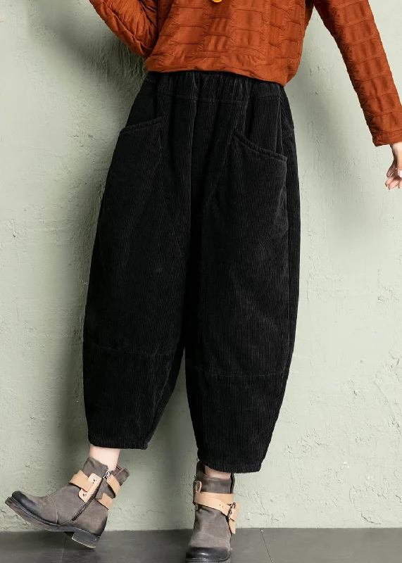 New Black Solid Pockets High Waist Corduroy Harem Pants