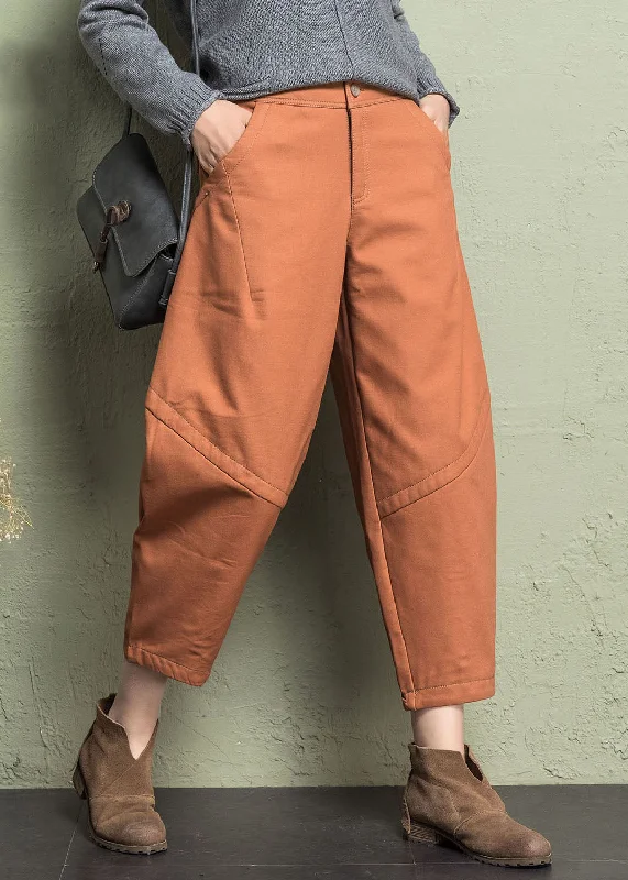 New Orange Pockets High Waist Cotton Crop Pants Spring